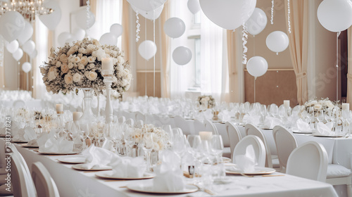 Zastawa stołowa na przyjęciu weselnym lub urodzinach i chrzcinach - dekoracja stołu weselnego w ogrodzie przez florystę i dekoratora. Piękne bukiety kwiatów na stoliku