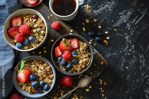A healthy breakfast. Oatmeal muesli crumble with fresh berries, seeds in a bowl on a dark wooden board and cups of coffee on a black background, top view, copy space