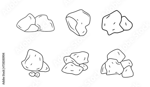 set of hand-drawn stone elements, doodle line art for drawing or coloring media