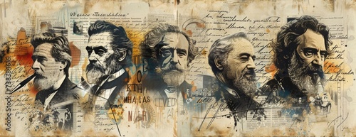 Literary Legends Collage: Portraits of Poets and Writers with Handwritten Letters and Quill Pens