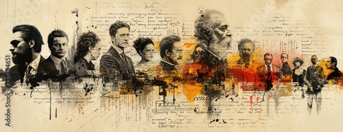 Ink and Imagination Collage: Writers and Poets Portraits Blended with Vintage Writing Tools