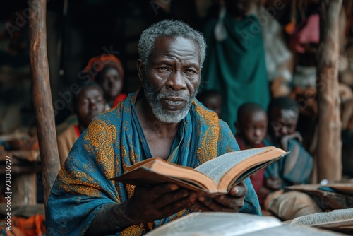 A man is seen reading a book while standing in front of a group of people, actively sharing the gospel of Jesus.