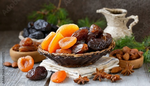 Dried dates fruits in wooden bowl 