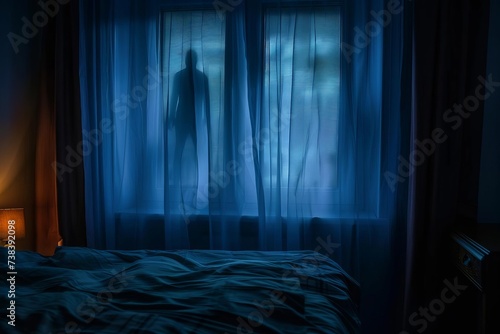 Creepy blurred ghost figure behind a bedroom window at night Creating a haunting and mysterious atmosphere perfect for a halloween horror scene