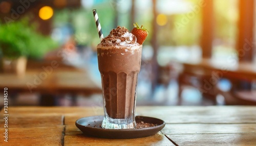 Iced chocolate milkshake, Summer refreshment drinks on wooden background in cafe.