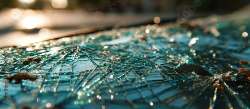 A close-up of a shattered car windshield revealed a web of intricate cracks, evidence of the forceful impact it had endured, leaving behind a scene of chaos and potential danger.