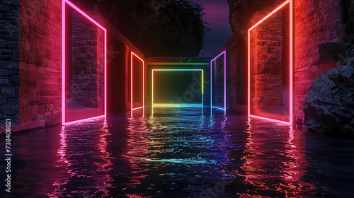  quadro de luz neon colorido, renderização em 3D photo