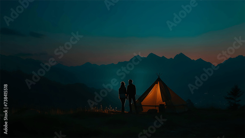 Silhouette of couple standing near their tent in the mountains at night
