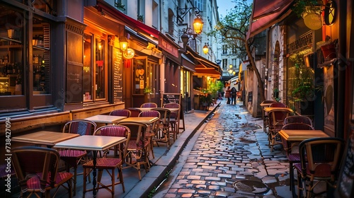 Cozy street with tables of cafe in Paris France Night cityscape of Paris Architecture and landmarks of Paris : Generative AI