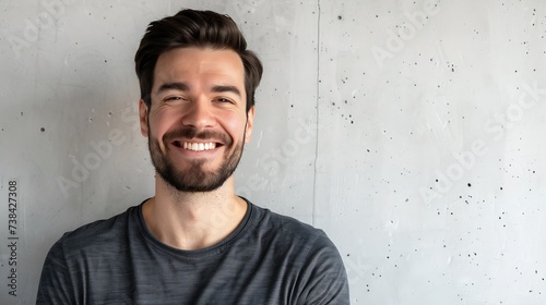 Headshot of satisfied cheerful handsome man grins at camera glad to find suitable well paid job isolated over white concrete background People positive emotions and facial expressions : Generative AI