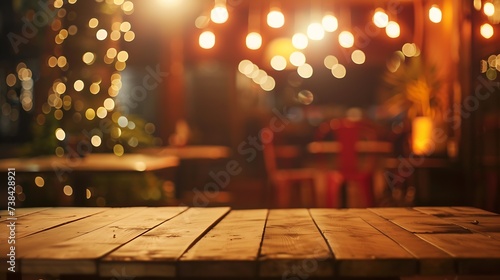 Empty wooden table in front of blurred cafe bar or restaurant Abstract lights bokeh background front view free space for your product : Generative AI