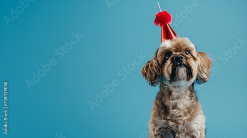 Cute dog celebrating with red pary hat and blow-out against a blue background and copy space to side : Generative AI