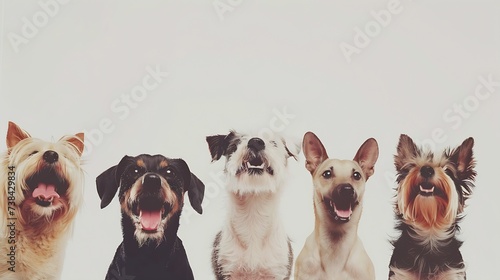 Art collage made of funny dogs different breeds posing isolated over white studio background. Concept of motion, action, pets love, animal life. Look happy, delighted. Copyspace for ad : Generative AI