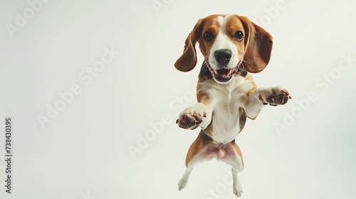 Friend. Portrait of funny active pet, cute dog Beagle posing isolated over white studio background. Concept of motion, action, pets love, animal life. Looks happy, delighted. Copyspace : Generative AI