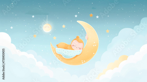 月の上で眠る赤ちゃんのイラスト
