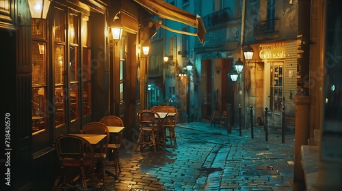 Cozy street with tables of cafe in Paris at night France Cityscape of Paris Architecture and landmarks of Paris : Generative AI