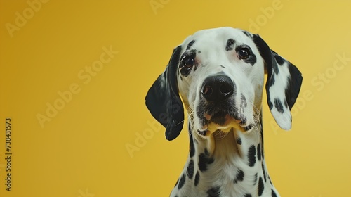 studio headshot portrait of Dalmatian dog looking forward against a yellow background : Generative AI