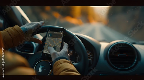 A person searches for a destination direction via a mobile smartphone inside the car while driving