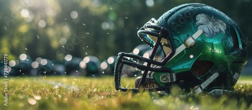 A winning football game with a green helmet.