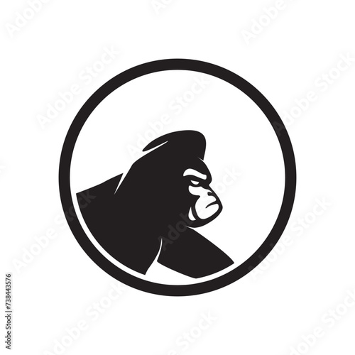 Gorilla beast vector logo silhouette in circle frame. Illustration gorilla ape head logo symbol. King kong monster