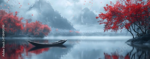 a lake of crimson and azure in rural china
