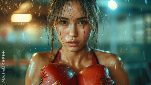 Female Thai Muay Thai boxer looking into a camera at a boxing studio. Woman Muay Thai boxer training hard with sweating body and water splashing drops