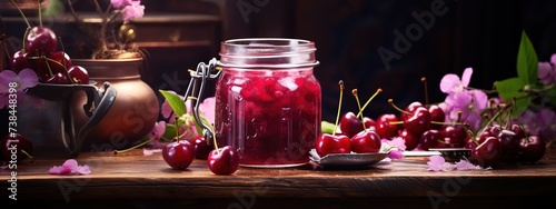 cherry jam in a jar with cherries on the table