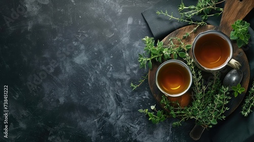 Thyme herbal tea, view from above, space for a text