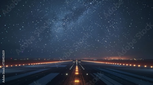 The glow of runway lights guiding planes towards the sky creating a mesmerizing contrast against the vast blanket of stars above.