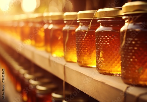 jars of honey neatly lined up on the shelf