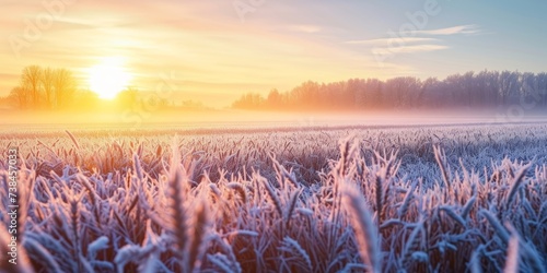 Spring frosts damaged winter crops and frozen plants in the meadow at sunrise affecting the sowing of wheat in agricultural fields covered with hoarfrost during the spring, Generative AI 