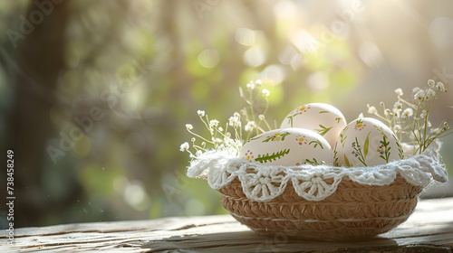 Vibrant Easter vibes as sunlight caresses a handmade crochet basket holding white chicken eggs adorned with delicate floral paintings, resting on a rustic wooden table
