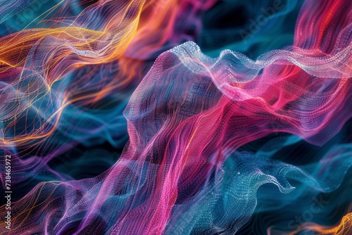 Microscopic image of textile fibers interweaving, colorful threads, detailed texture