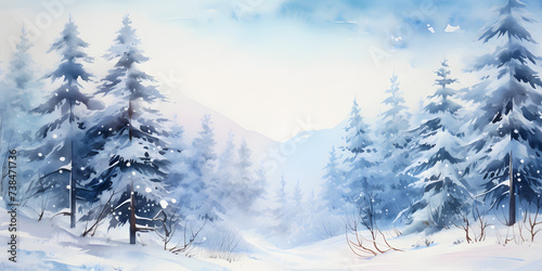 Watercolor Painted Landscape with Snow-Covered Trees