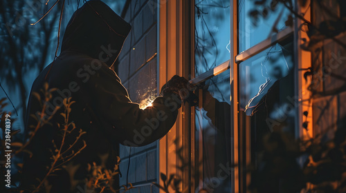 A burglar wearing a black hoodie and gloves is breaking into a house through a window, The burglar could be using a flashlight to look for valuables.