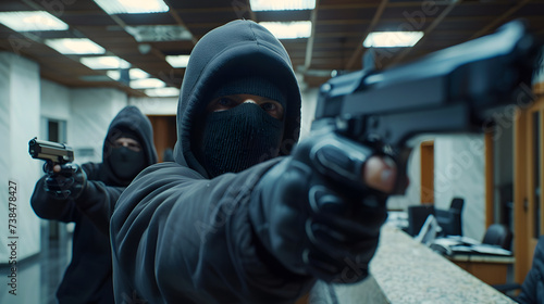 A group of thieves wearing ski masks are robbing a bank, The thieves could be holding guns, and they could be forcing the bank tellers to hand over money. 