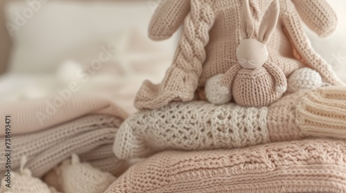 A collection of infant jersey sweaters and fabric in soft beige pastel tones, accompanied by an adorable bunny toy