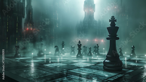 Futuristic dark gothic city with large misty chess themed center square architecture 