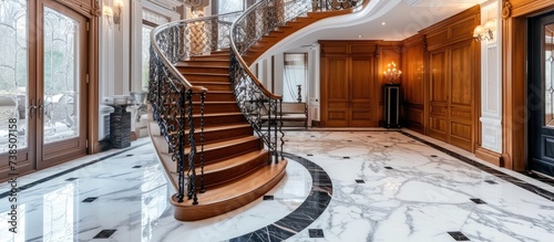 Marble-floor interior with a spiral staircase and classy wrought iron balusters, adorned with wooden railings.