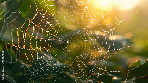 A close-up of a dewdrop on a spider web, reflecting the morning sun and the green leaves behind it.