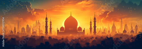 Silhouette vector Mosque with dark blue element and sunset vibes design background