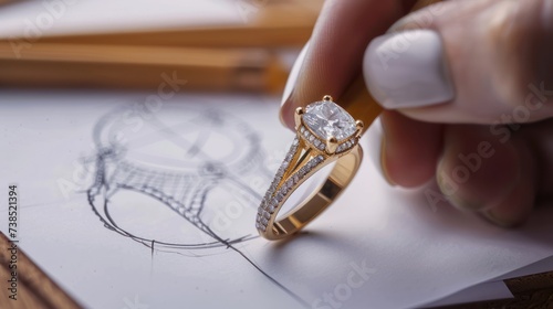 Jewelery drawing beautiful rings on paper at a wooden table