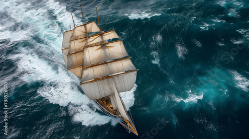 The sailboats are spread across the ocean. The ocean is deep blue, and the sailboats have white sails. The image was taken from a birds-eye view.