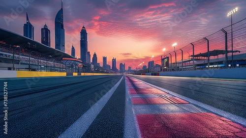 Dusk at the racing circuit with bright lane markings and skyscrapers afar