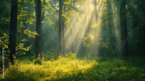 Serene woodland glade highlighted by beams of soft sunlight