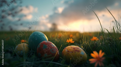 Colorful easter eggs nestled in vibrant spring grass. dawn's soft light illuminates a tranquil meadow. celebrating easter traditions with a natural, festive setting. AI