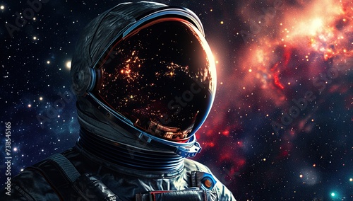 Astronaut with the reflection of the starry sky in the visor. The concept of cosmic infinity.