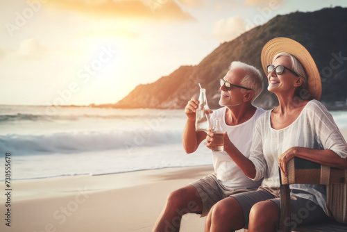 Portrait happy mature man with beautiful wife on his at beach. Senior couple enjoying their vacation at sea shore.