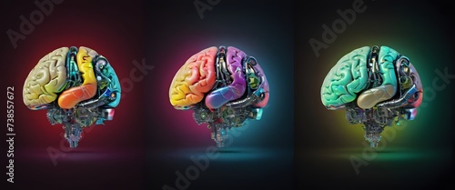 Cybernetic Triad Fusion of Organic and Mechanical Brains, AI Generated. The image presents three brains, each a unique blend of organic tissue and mechanical components, illuminated in vibrant colors