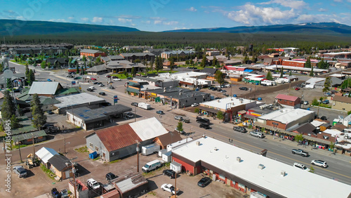 West Yellowstone, Montana - July 10, 2019: Aerial view of city buildings and streets